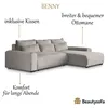 A modern sectional sofa with descriptive text and a logo. Produktbild-Vorschau