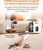 A carpet cleaner is shown in use on a stained carpet, with a close-up inset showing a hand cleaning a brush head. Produktbild-Vorschau