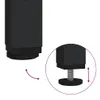 A close-up view of the adjustable foot of a black furniture leg, with an inset showing how it screws in and out. Produktbild-Vorschau
