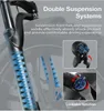 Close-up of an electric bicycle's suspension system with text highlighting its features. Produktbild-Vorschau