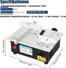 A mini table saw with specifications listed above it. Produktbild-Vorschau