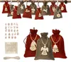 A collection of small fabric bags with wooden ornaments, arranged in two rows. Produktbild-Vorschau