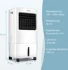 A white evaporative air cooler is shown with dimensions and technical specifications displayed next to it. Produktbild-Vorschau