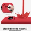 A red liquid silicone phone case is shown with a close-up inset demonstrating its easy-to-clean feature. Red liquid is also shown splashing onto the case. Produktbild-Vorschau