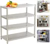 Collage of stainless steel shelving units with kitchen items. Voir les images du produit