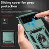A hand is holding a green phone case with a sliding camera cover and a ring holder. The image highlights the privacy and protection features of the case. Produktbild-Vorschau