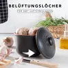 A ceramic garlic keeper with garlic bulbs and a knife on a kitchen counter. Produktbild-Vorschau