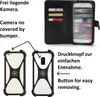 A product image showing a phone case and a wallet case for a phone, with descriptive text and arrows pointing to features. Produktbild-Vorschau
