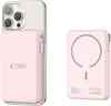 A pink magnetic power bank is shown attached to the back of a silver smartphone, and also separately. Podgląd zdjęcia produktu