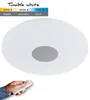A hand holding a remote control is shown in the foreground, with a white circular LED ceiling light in the midground. Text overlays indicate tunable white light options. Produktbild-Vorschau