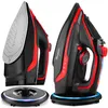 Two views of a cordless steam iron and its charging base, presented against a white background. Voir les images du produit