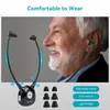 An older man wearing a hearing amplifier device around his neck, with a close-up of the device and earbud tips shown below. Produktbild-Vorschau