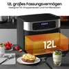 An air fryer is shown on a kitchen counter with food items like strawberries and a baked potato. Produktbild-Vorschau
