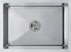 A top-down view of a stainless steel kitchen sink with a drain in the center. Produktbild-Vorschau
