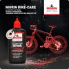 A bottle of NIGRIN Bike-Care chain oil is shown in front of a wireframe illustration of a bicycle, with promotional text and branding. Produktbild-Vorschau