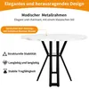 A round table with a marble-like top and black metal legs, with text overlays describing its features. Produktbild-Vorschau