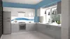 A modern, high-gloss kitchen with blue walls and white and gray cabinets. Náhľad obrázku produktu