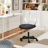 A white desk and a dark gray office chair in a room with bookshelves in the background. Produktbild-Vorschau