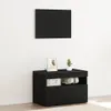 A black TV cabinet with a picture frame and a small plant on top, against a white wall. Podgląd zdjęcia produktu