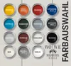A collection of paint cans with different color labels, arranged in a grid on a wooden background. Text overlays indicate the color names. Produktbild-Vorschau
