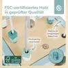 Close-up view of a wooden activity cube with various features and certifications highlighted. Produktbild-Vorschau