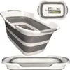 Collage of a foldable basin in different states and angles. Voir les images du produit
