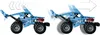 Two images of a blue LEGO Technic monster truck designed to look like a shark, showing its movement. Podgląd zdjęcia produktu