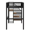 A black metal loft bed with wooden shelves and a ladder is shown against a white background. Náhled obrázku produktu