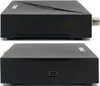 Two views of a black satellite receiver box against a white background. Produktbild-Vorschau