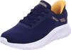 A single navy blue Skechers sneaker with yellow accents is shown against a white background. Voir les images du produit
