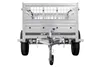 A rear view of a silver utility trailer with a black tire and a white background. Produktbild-Vorschau