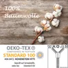 A rustic wooden background with cotton bolls and OEKO-TEX certification details. Produktbild-Vorschau