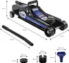 A hydraulic car jack and its accessories are displayed with measurement annotations. Náhľad obrázku produktu