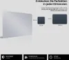A large mirror is shown on the left, with two smaller square and rectangular mirrors on the right, each with dimensions labeled. Text describes the product's availability in various sizes. Below are icons and text for warranty, customer service, and delive Produktbild-Vorschau