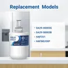 A water filter is shown in front of a refrigerator, with a list of replacement models on the right. Podgląd zdjęcia produktu
