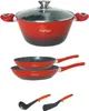 A set of red cookware including a pot with a lid, two frying pans, a ladle, and a spatula, displayed against a white background. Produktbild-Vorschau