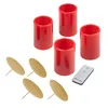 A set of red LED candle sleeves, gold candle plates, and a remote control arranged on a white background. Voir les images du produit