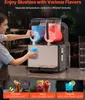A woman is pouring a blue slushy from a commercial slushy machine into a cup. The image also shows three smaller images at the bottom displaying different drinks and their recommended temperatures. Náhled obrázku produktu