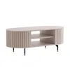 A beige oval coffee table with two shelves and fluted sides, standing on black legs with gold accents. Produktbild-Vorschau