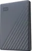 A gray external hard drive with a diagonal ribbed pattern on its surface. Produktbild-Vorschau