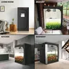 A collage of four images showing a grow tent in different settings: a living room, a balcony, a kitchen, and a basement. Produktbild-Vorschau