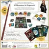 A collection of Harry Potter themed board game components, including cards, tokens, and a wand, arranged on a textured background. Produktbild-Vorschau