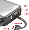 Close-up of a silver power bank with various ports and cables, highlighting its features with text labels. Produktbild-Vorschau