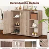 A shoe cabinet with doors open, showing shelves with shoes and decorative items on top. Multiple close-up shots of the cabinet's features are shown at the bottom. Produktbild-Vorschau