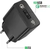 A black USB wall charger with EU plug, featuring Qualcomm Quick Charge 3.0 technology. Produktbild-Vorschau