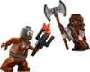 Two Lego minifigures engaged in a battle, one holding a flaming weapon and the other wielding two axes. Produktbild-Vorschau