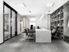 A modern office interior with a desk, chairs, and bookshelves. Produktbild-Vorschau