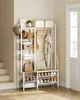 An entryway organizer with shelves, hooks, and a bench, featuring various items like bags, shoes, and decorative elements. Náhled obrázku produktu