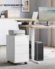 A modern home office setup featuring a standing desk, a filing cabinet, a printer, and a computer. Produktbild-Vorschau