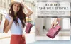 A woman is shown holding shopping bags and a phone case with a wrist lanyard. Another image shows a hand holding the phone case. Produktbild-Vorschau